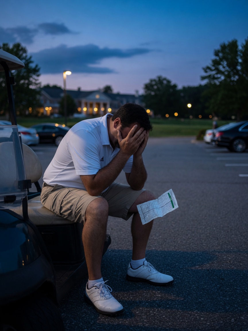 Tom on a golf cart at dusk, head in his hands, holding a crumpled scorecard.