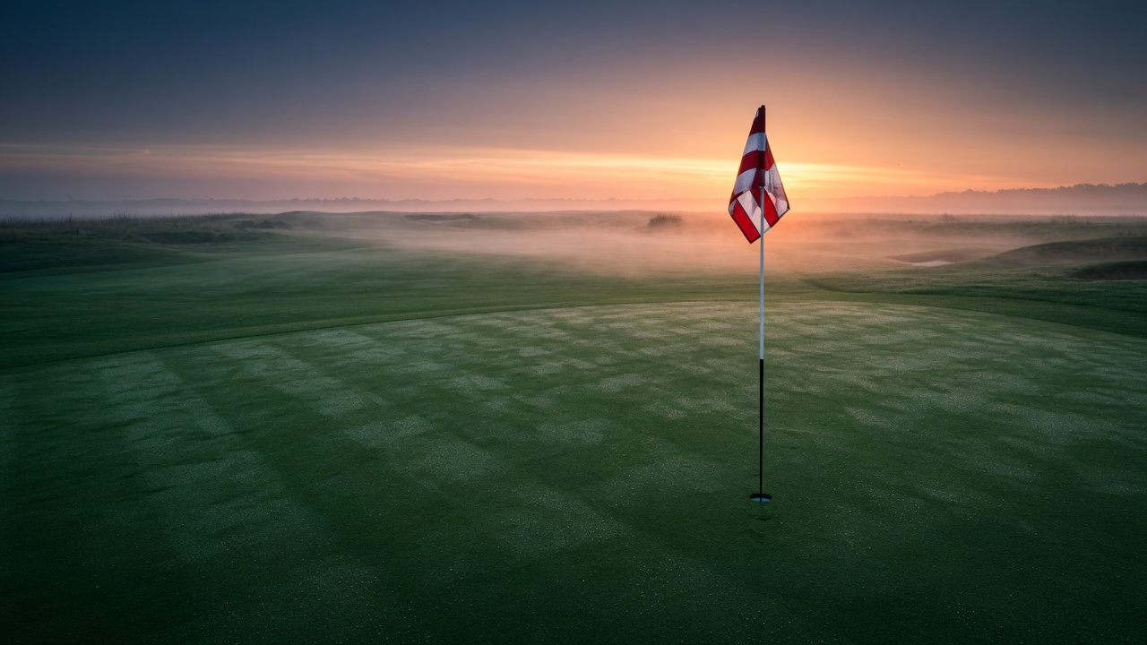 Empty championship green at sunrise with a flagstick in the hole.