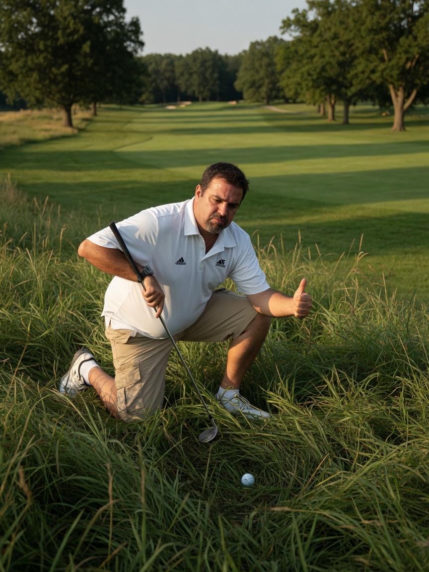 Tom kneeling in thick rough giving a sarcastic thumbs up next to a buried golf ball.