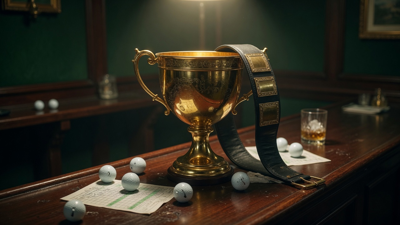 Gold trophy and a black title belt on a clubhouse bar.