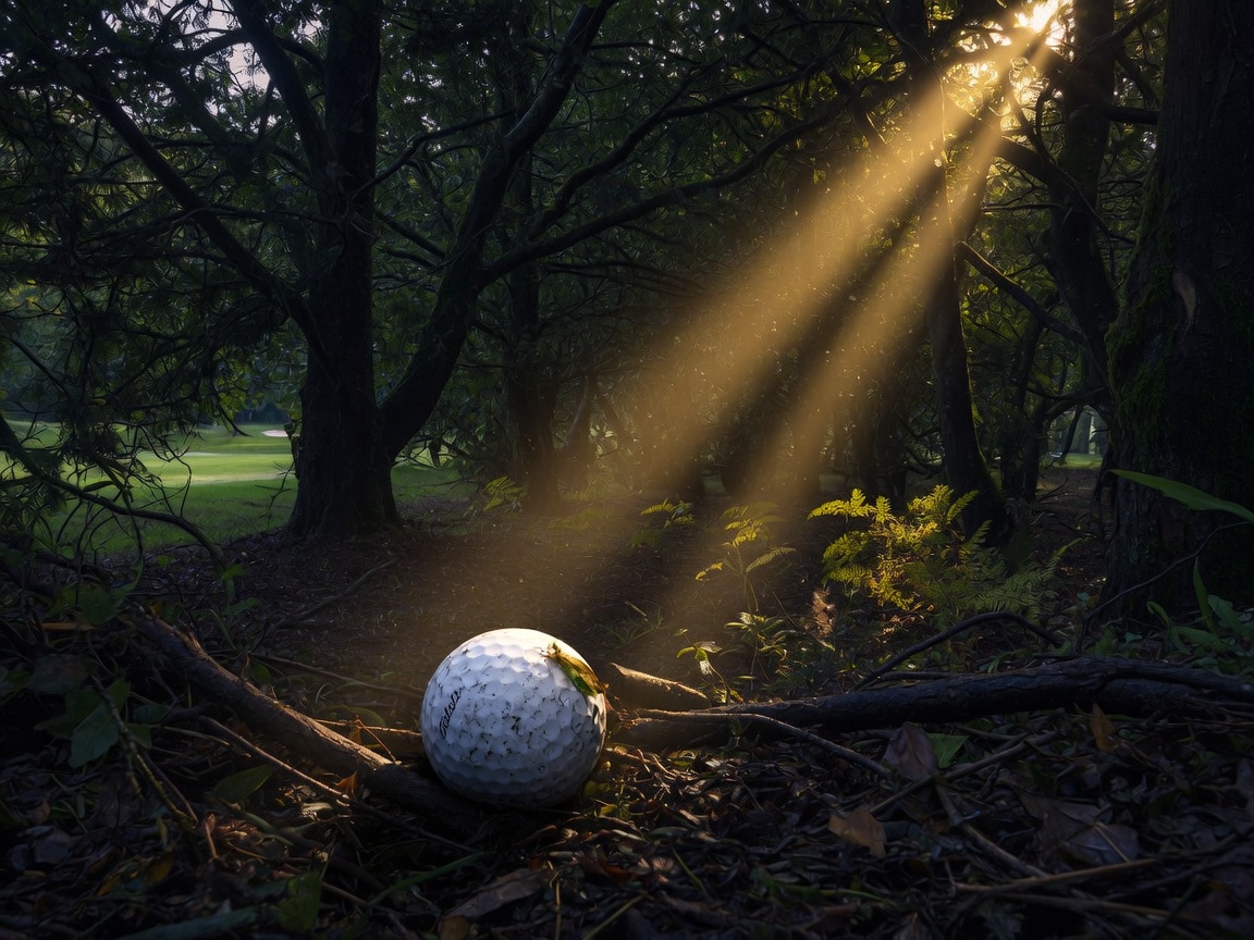 A golf ball lost in dark woods with shafts of sunlight.